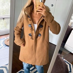 🍂 CHIC TAN FAUX FUR WOOL BLEND HOODED WINTER JACKET!